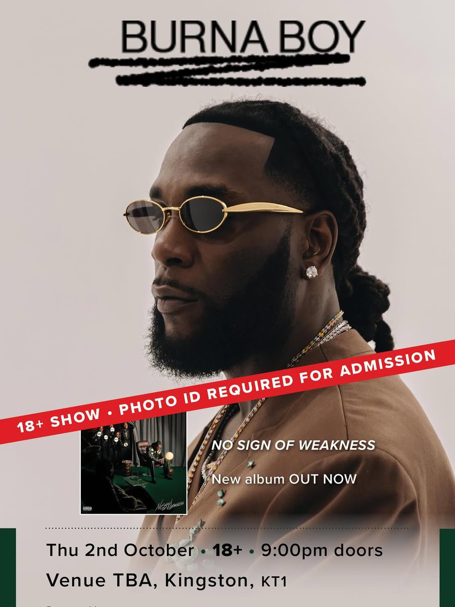 burnaboy's tweet image. Banquet records - I love performing for you! To celebrate NSOW, I’m doing a special performance 2/10/25. Tickets on sale tomorrow, 11AM SHARP!
They may not let us add extra dates so don’t snooze
banquetrecords.com/burna-boy/kt1-…
#NSOW #NOSIGNOFWEAKNESS