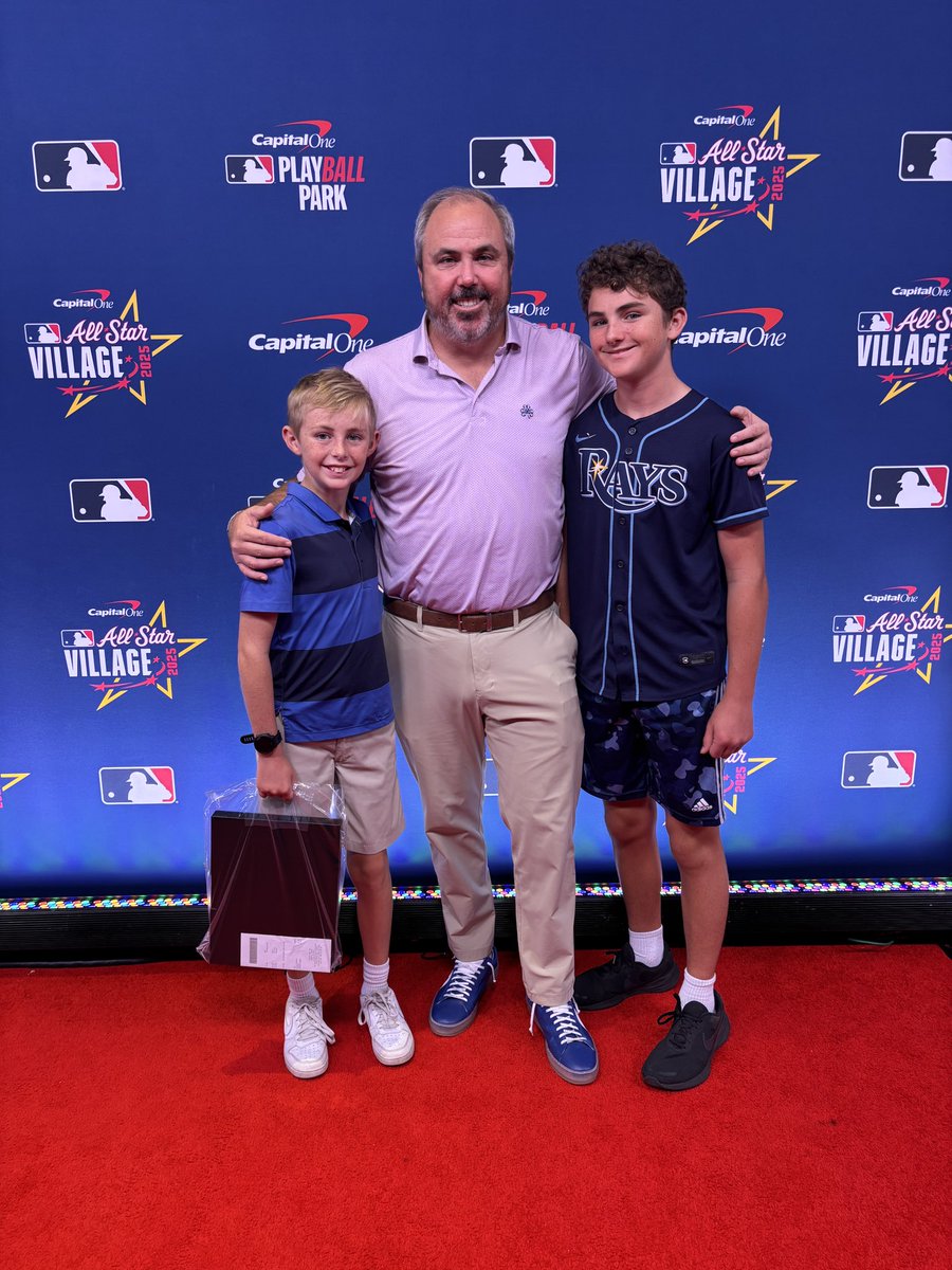 JoeGruters's tweet image. In Atlanta with Spencer and Jack cheering on the American League in support of our local teams! Let’s Go @RaysBaseball and @Orioles