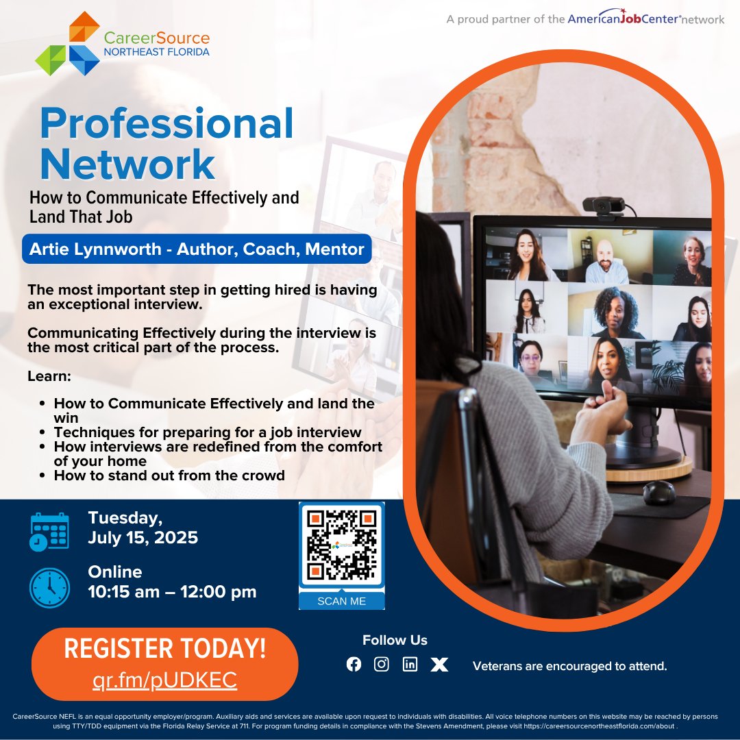 Join our CSNEFL Professional Network ZOOM Meeting for an interesting topic: How to Communicate Effectively and Land That Job
Date: June 17, 2025 at 10:15am - 12pm
Register now: qr.fm/pUDKEC
#jobseekers #getajob #jacksonvillefl #careersourcenefl #militarycommunity