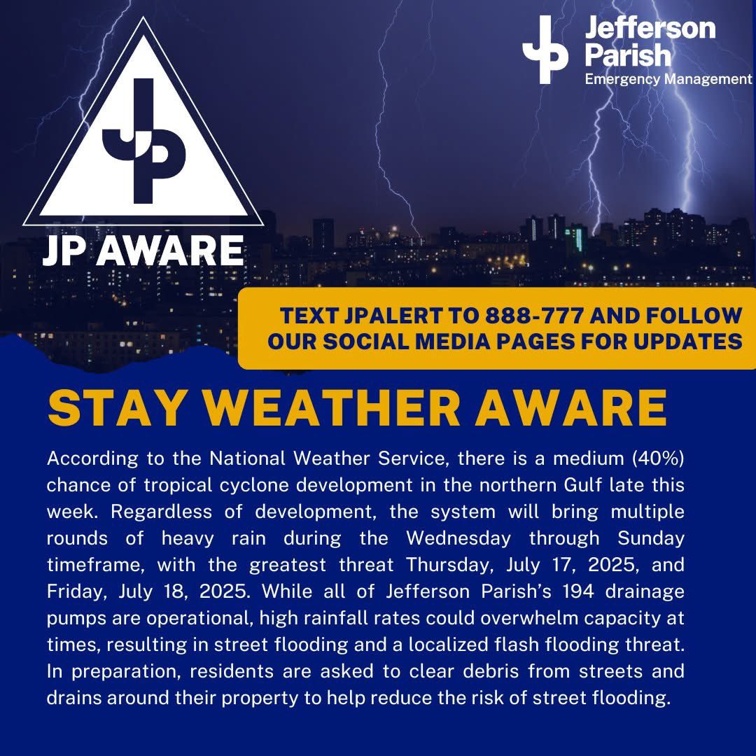 JeffParishGov's tweet image. Stay weather aware, have multiple ways to receive weather alerts and charge mobile devices and keep them nearby. Hour-by-hour forecasts for specific locations can be accessed at weather.gov/neworleans by using the point and click map in the middle of the page. #JPaware
