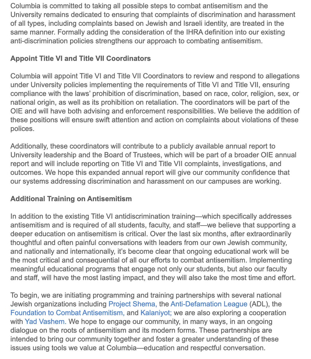 LishiBaker's tweet image. BREAKING: @Columbia "incorporates" IHRA definition of antisemitism, appoints Title VI and VII coordinators, and announces partnerships with ADL, Project Shema, Foundation to Combat Antisemitism, and Kalaniyot. They will also no longer meet with CUAD.
Nice gestures -- I support…