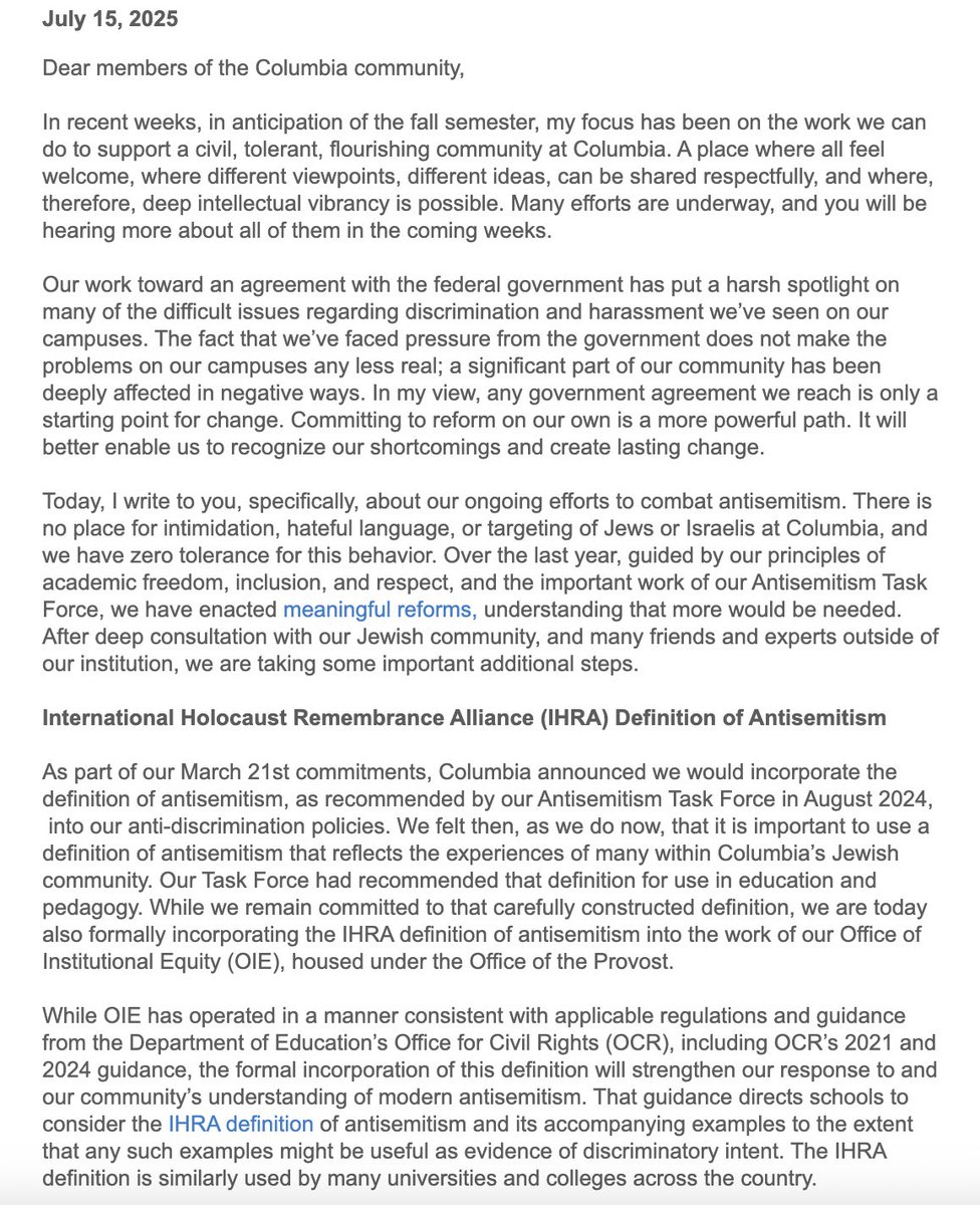 LishiBaker's tweet image. BREAKING: @Columbia "incorporates" IHRA definition of antisemitism, appoints Title VI and VII coordinators, and announces partnerships with ADL, Project Shema, Foundation to Combat Antisemitism, and Kalaniyot. They will also no longer meet with CUAD.
Nice gestures -- I support…