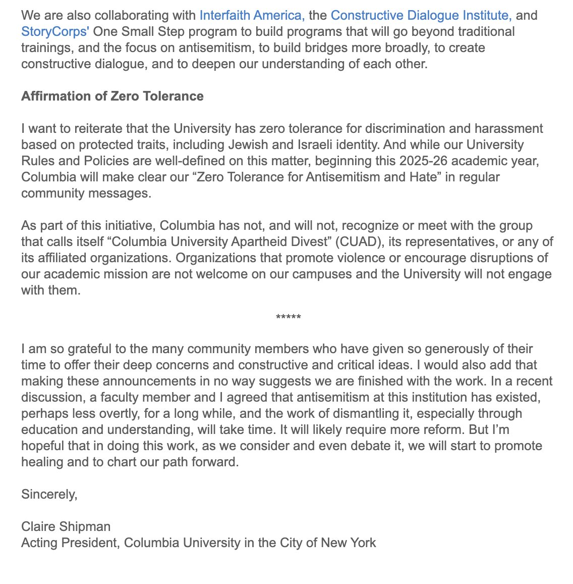 LishiBaker's tweet image. BREAKING: @Columbia "incorporates" IHRA definition of antisemitism, appoints Title VI and VII coordinators, and announces partnerships with ADL, Project Shema, Foundation to Combat Antisemitism, and Kalaniyot. They will also no longer meet with CUAD.
Nice gestures -- I support…