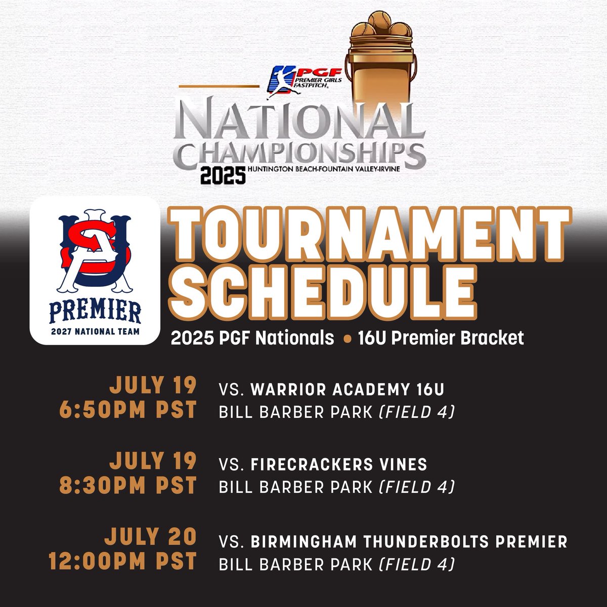 We’re closing out the summer together at PGF Nationals in SoCal 🥎☀️🌊

This team has grown, battled, and believed in each other all season. Now it’s time to finish strong — as one. #OneTeamOneDream