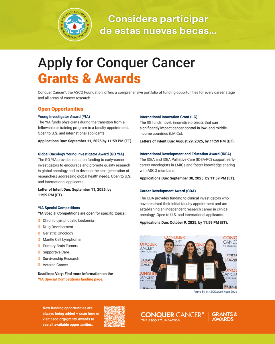 ¡Nuevas becas abiertas para investigadores en Oncología!

ASCO Foundation y ACHO invitan a postularse a las Grants &amp; Awards de Conquer Cancer. 
📅Cierre: desde el 29/08 hasta el 09/10/2025 Más info: acortar.link/Bdrqeh 

#ASCOCANCER #ConquerCancerFoundation #ACHO #Oncología