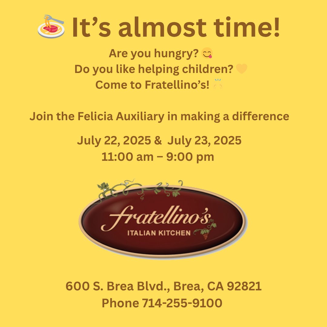 Dine in or pick up your order (direct pickup only) and 15% of your purchase will go to the Felicia Auxiliary to support children and families healing from abuse through Crittenton.  Don’t forget to bring the flyer!
 #Fratellinos #SupportCrittenton #FeliciaAuxiliary
