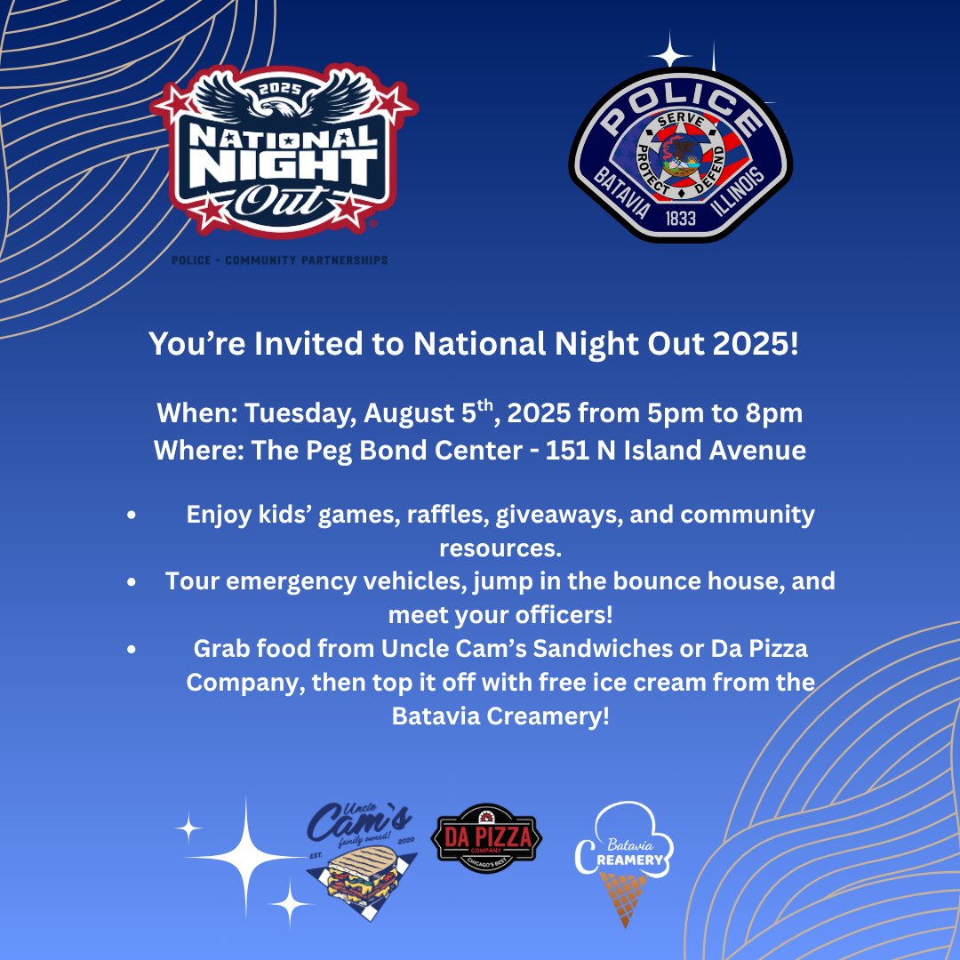 📅 Mark Your Calendars!
🎉 National Night Out is Tuesday, August 5th!
 We can't wait to see you there! 💙👮‍♀️🚓 #NationalNightOut #BataviaPD