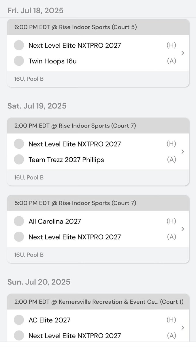 This is the schedule for me and my team this weekend in Winston-Salem, NC
<a href="/NextLevelElite_/">Next Level Elite</a>