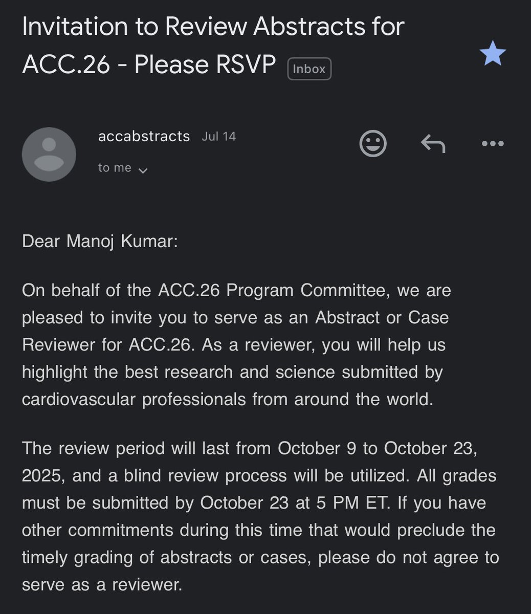 From Abstract Presenter to Reviewer.

I'm truly honored to be invited as an Abstract and Case Reviewer for ACC.26. It’s incredibly fulfilling to transition from submitting my own work to now contributing to the selection of the best science and research in cardiovascular