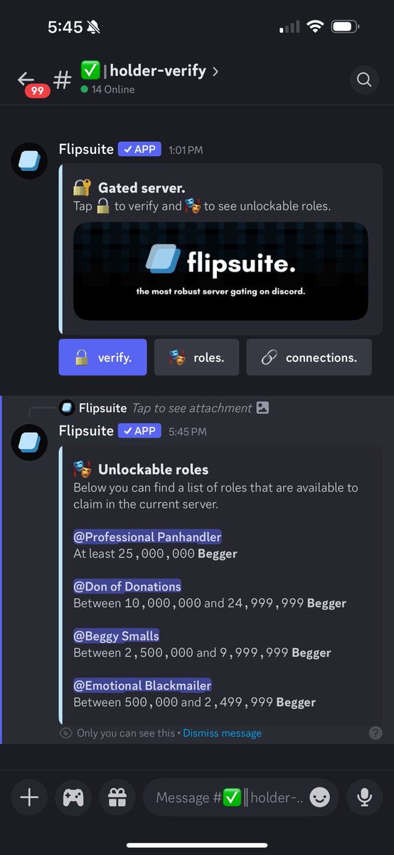 CronosBeggar's tweet image. Excited to announce that $Beggar discord roles are now live thanks to @flipsuitexyz the best integration tool on Discord!

If you own some $Beggar come claim your role today! P.S these roles will unlock rewards for holders only! 

Next will be Raid 2 Earn for holders. #CroFam