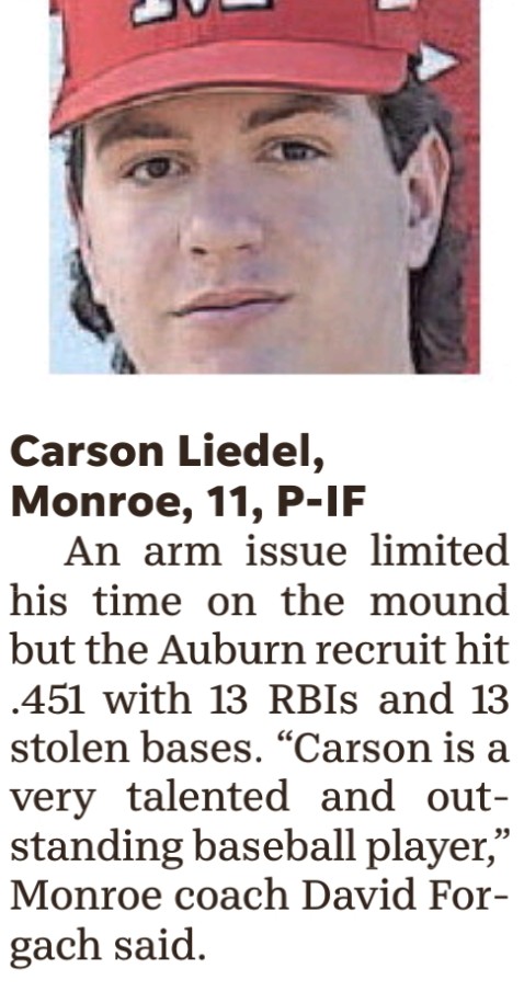 Monroe Trojans Baseball (@monroebase) on Twitter photo Congratulations to <a href="/CarsonLiedel/">Carson Liedel</a> for being selected to the Monroe Evening News All-Region team! Congratulations to <a href="/CarsonLiedel/">Carson Liedel</a> for being selected to the Monroe Evening News All-Region team!