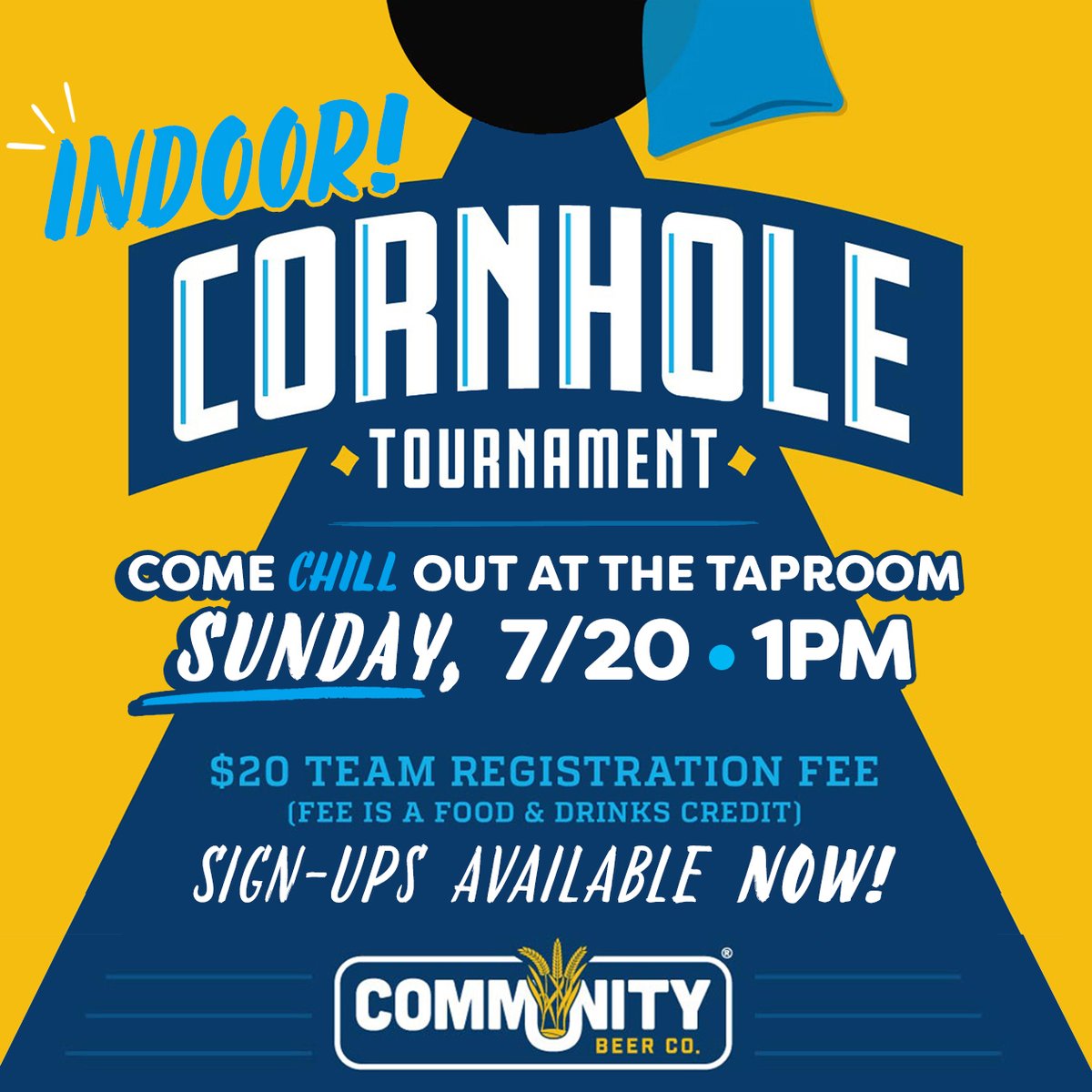 communitybeerco (@communitybeerco) on Twitter photo Join us indoors THIS Sun. 7/20 for a fun-filled Cornhole tournament! Register your 2-person team now: communitybeer.com/event/indoor-c…
There is a $20 registration fee (PER TEAM). THIS WILL BE CREDITED ON YOUR TAB TOWARDS FOOD AND DRINK.
Questions? Email us at info@communitybeer.com Join us indoors THIS Sun. 7/20 for a fun-filled Cornhole tournament! Register your 2-person team now: communitybeer.com/event/indoor-c…
There is a $20 registration fee (PER TEAM). THIS WILL BE CREDITED ON YOUR TAB TOWARDS FOOD AND DRINK.
Questions? Email us at info@communitybeer.com