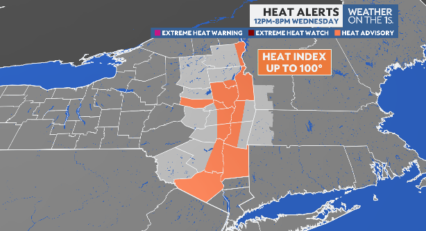 WeatherManFinn's tweet image. The combination of temperatures in the upper 80s to lower 90s and dewpoints in the 70s will have it feeling like it's 95°-100° in the highlighted areas tomorrow afternoon! #518wx #hvwx