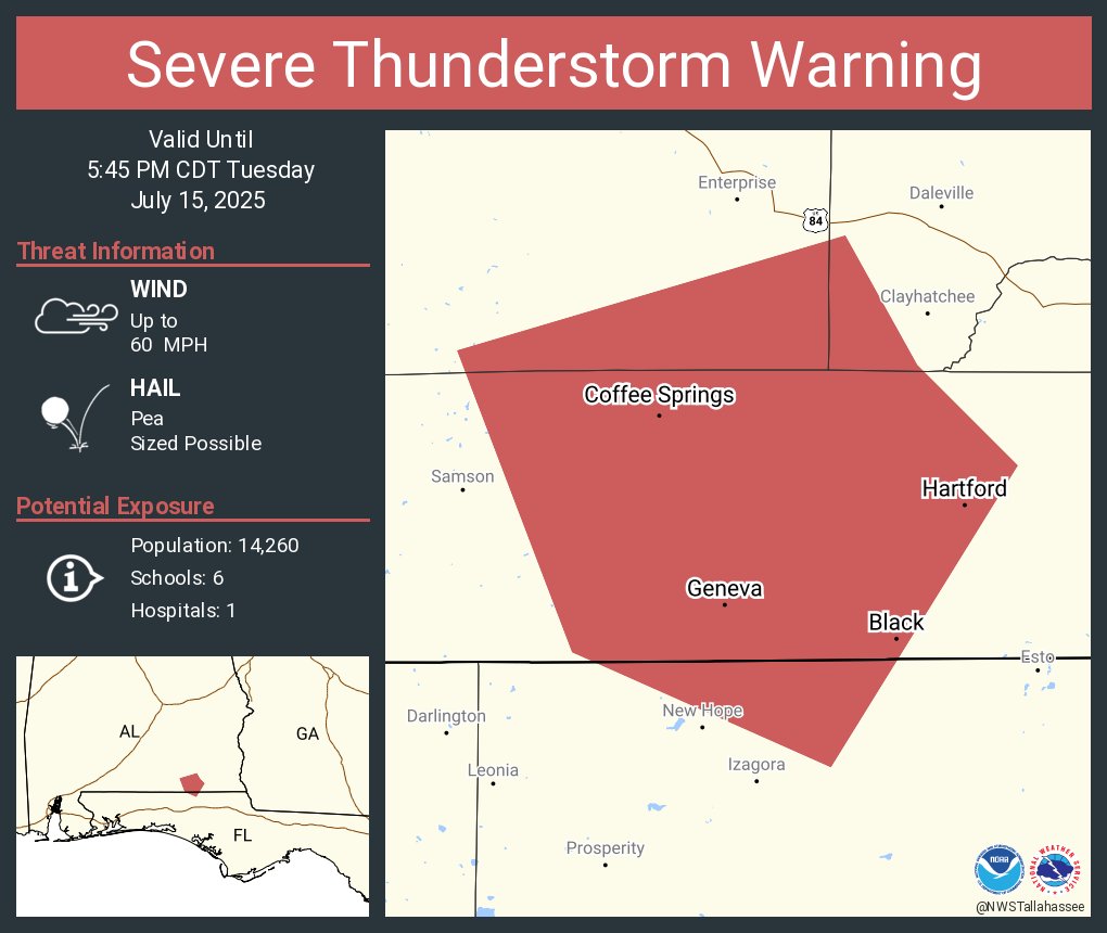 NWSTallahassee's tweet image. Severe Thunderstorm Warning including Geneva AL, Hartford AL and Eunola AL until 5:45 PM CDT