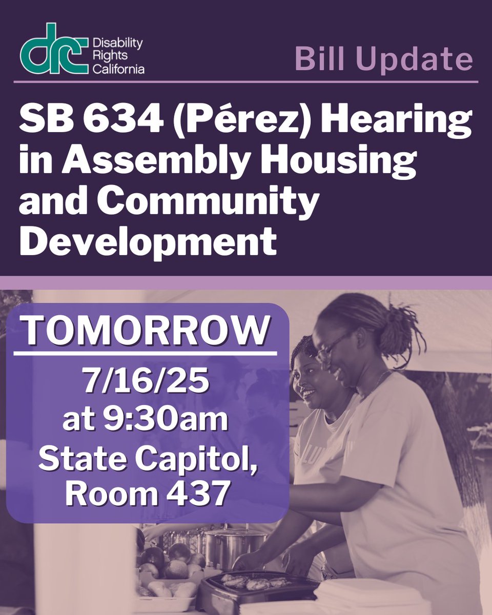 DisabilityCA's tweet image. TOMORROW SB 634 (Pérez) will be heard in the Assembly Housing and Community Development Committee at the California Capitol. This is an important bill that seeks to protect people offering life-saving services to the unhoused community. No one should be criminalized for offering…