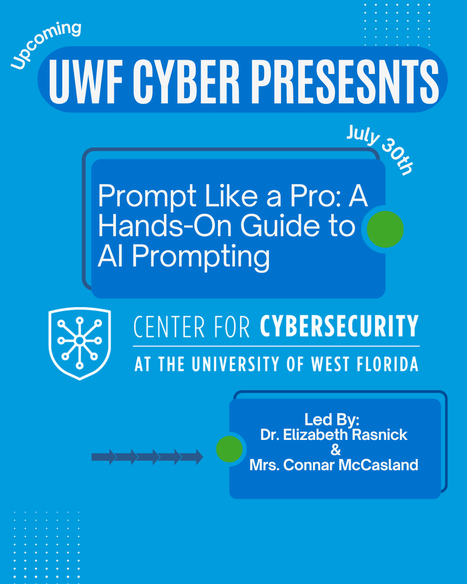 UWF Center for Cybersecurity (@uwfcyber) on Twitter photo Join Prompt Like a Pro: A Hands-On Guide to AI Prompting.
It is a free training opportunity for eligible transitioning military members, first responders, veterans, military spouses, and SLTT government personnel.
Apply: bit.ly/CyberSkillsExe…
<a href="/UWF/">UWF</a> , <a href="/CISAgov/">Cybersecurity and Infrastructure Security Agency</a>
#UWFCyber Join Prompt Like a Pro: A Hands-On Guide to AI Prompting.
It is a free training opportunity for eligible transitioning military members, first responders, veterans, military spouses, and SLTT government personnel.
Apply: bit.ly/CyberSkillsExe…
<a href="/UWF/">UWF</a> , <a href="/CISAgov/">Cybersecurity and Infrastructure Security Agency</a>
#UWFCyber