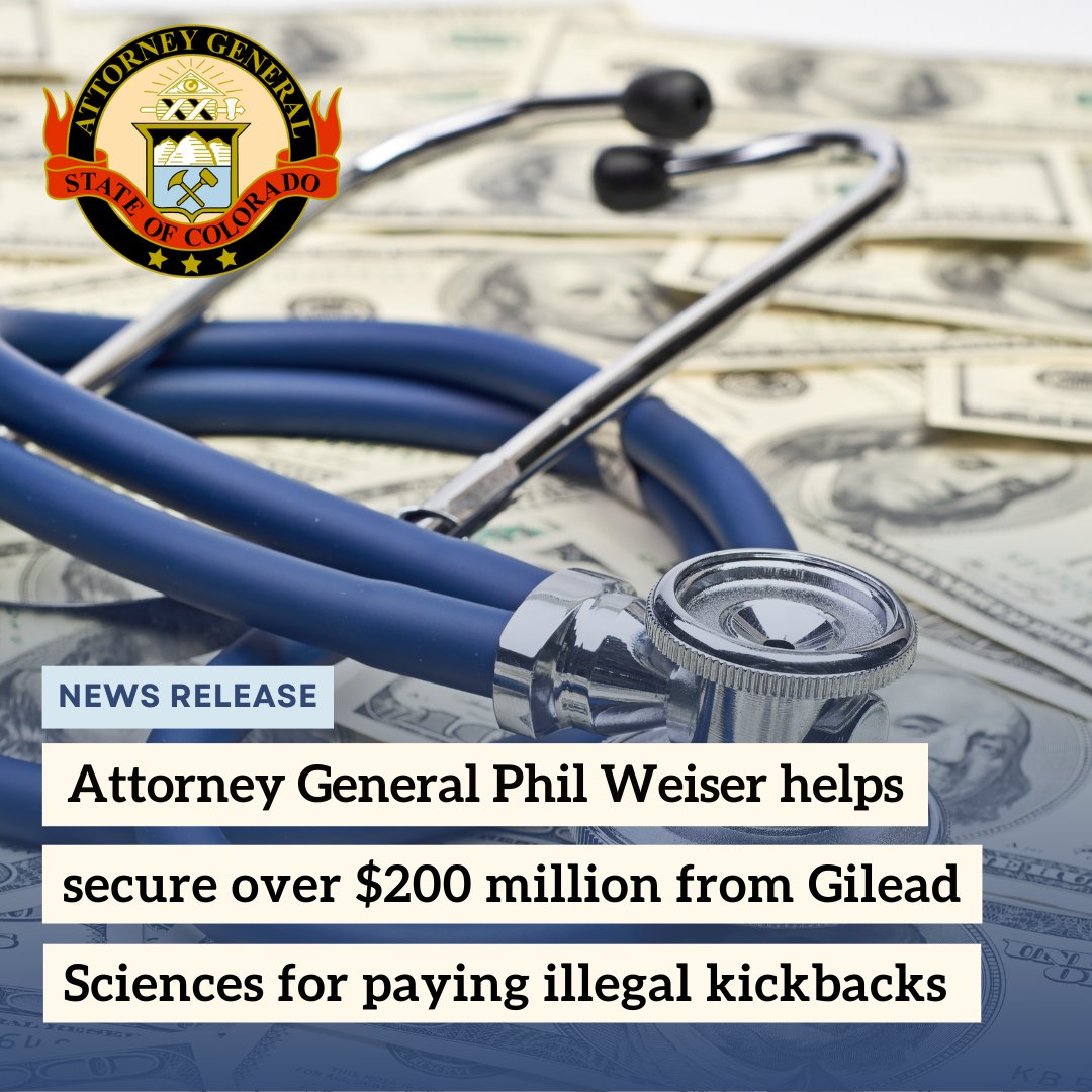 COAttnyGeneral's tweet image. Today, AG @pweiser announced a nationwide settlement of over $200 million with Gilead Sciences for running an illegal kickback scheme to promote its HIV medications: bit.ly/3Iob215