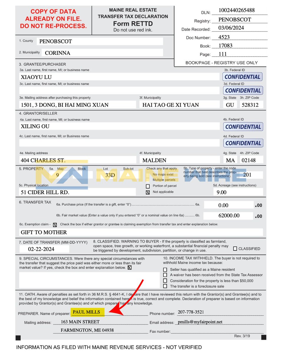 Here is the real estate tax record that no other Maine media outlet will report on. It shows the governor's brother transferring an illegal cannabis grow to a Chinese national *in China* just days after a site nearby was raided.
