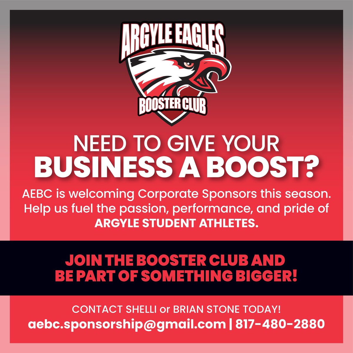 Argyle Eagles Booster Club (@argylesports) on Twitter photo 📣 Boost your business and support our Argyle Student Athletes with an AEBC Corporate Sponsorship this year!
📍 Contact Brian & Shelli Stone TODAY at aebc.sponsorship@gmail.com - the deadline for commitments is Thursday, July 31st! 📣 Boost your business and support our Argyle Student Athletes with an AEBC Corporate Sponsorship this year!
📍 Contact Brian & Shelli Stone TODAY at aebc.sponsorship@gmail.com - the deadline for commitments is Thursday, July 31st!