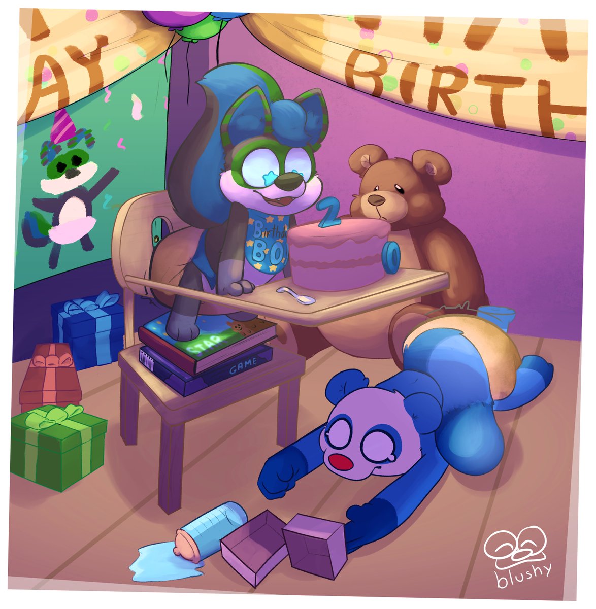 Smudged Huggies (1/2)   

"Guess who's turning 2(0) this year...~"  

Oops! Didn't mean to drop your bottle- Now someone has to clean this "mess" x3  

B-day Comm for <a href="/piddlepuppyboii/">puppy pants🍭🐶</a> !