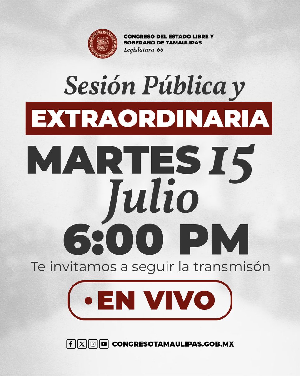 #Entérate 👇🏻
Hoy Sesión Pública Extraordinaria.
#Tamaulipas #Legislatura66 🏛️