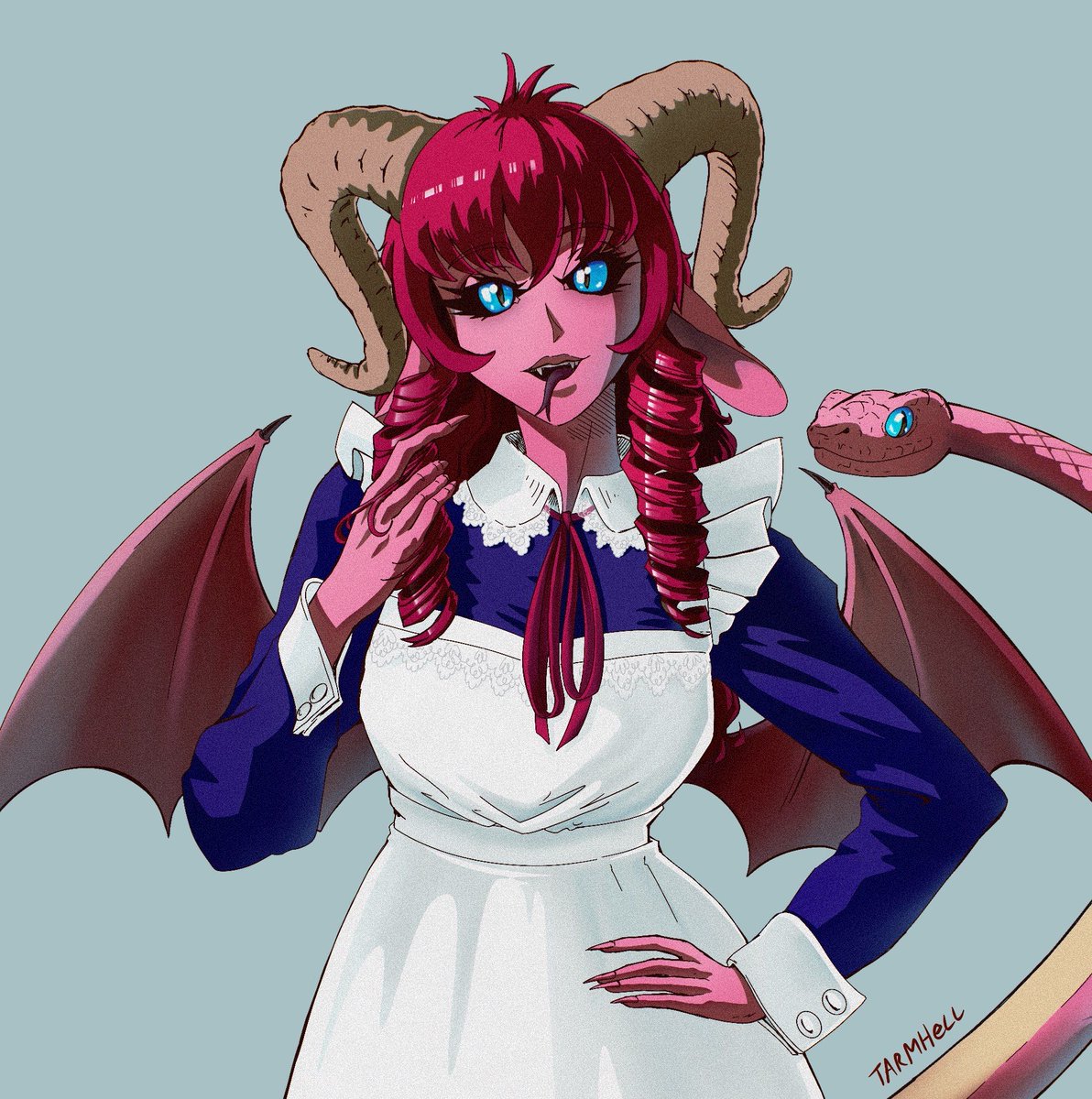 Tarmhell's tweet image. Men fold when the succubus wears modest clothes.
*The idea behind her is she pushes her evil nature into her tail, making her tail come alive as an evil snake, and when she embrace her nature she becomes more snake-like.