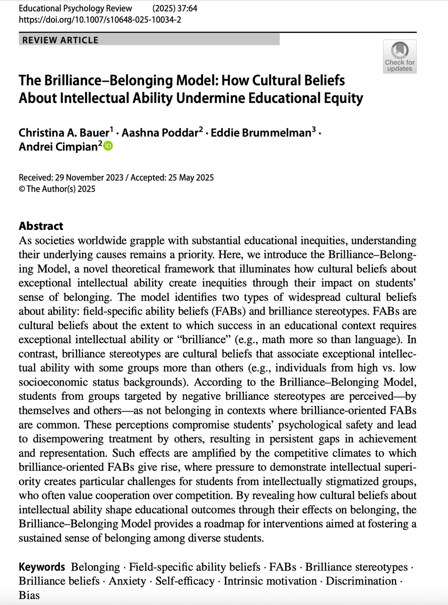 Carlton J. Fong (@carlton_fong) on Twitter photo <a href="/AERA_MotSIG/">AERA Motivation SIG</a> <a href="/AERADivC/">AERA Division C</a> Our special issue keeps growing with <a href="/ChristinaBauerA/">Christina Bauer</a> et al.โs paper on the Brilliance-Belonging Model, illuminating how cultural beliefs about intellectual ability create inequities through their impact on studentsโ sense of belonging.
Open-access paper:
doi.org/10.1007/s10648โฆ <a href="/AERA_MotSIG/">AERA Motivation SIG</a> <a href="/AERADivC/">AERA Division C</a> Our special issue keeps growing with <a href="/ChristinaBauerA/">Christina Bauer</a> et al.โs paper on the Brilliance-Belonging Model, illuminating how cultural beliefs about intellectual ability create inequities through their impact on studentsโ sense of belonging.
Open-access paper:
doi.org/10.1007/s10648โฆ