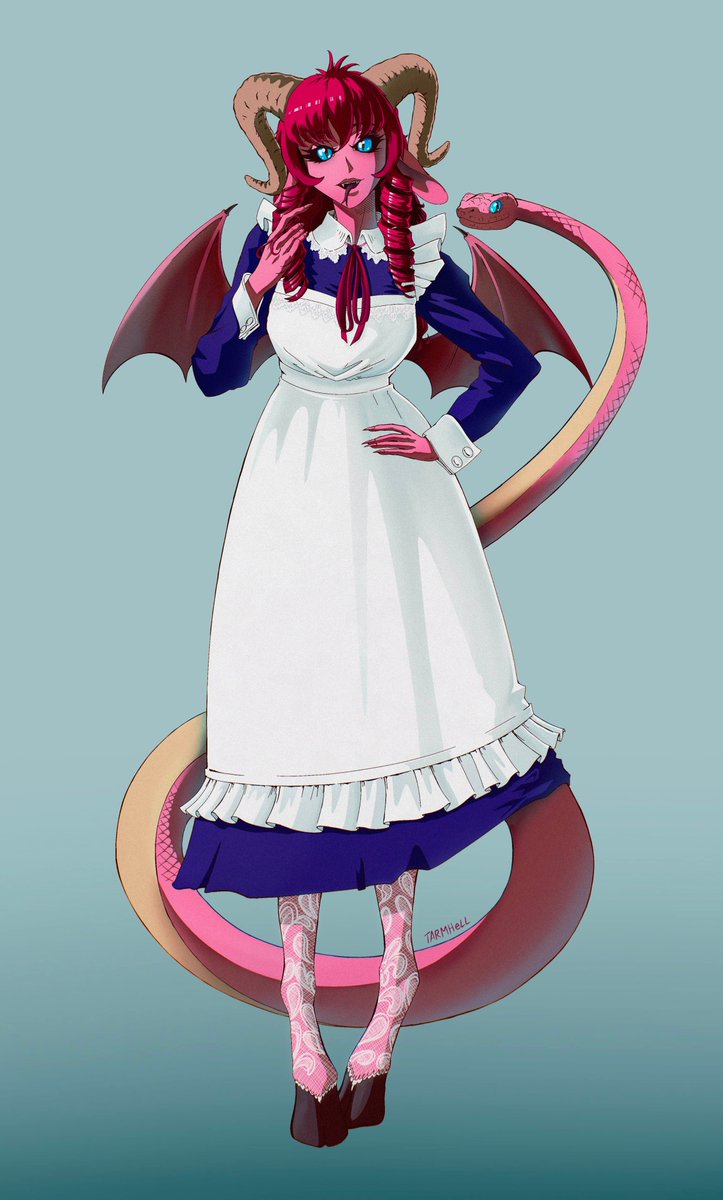 Tarmhell's tweet image. Men fold when the succubus wears modest clothes.
*The idea behind her is she pushes her evil nature into her tail, making her tail come alive as an evil snake, and when she embrace her nature she becomes more snake-like.