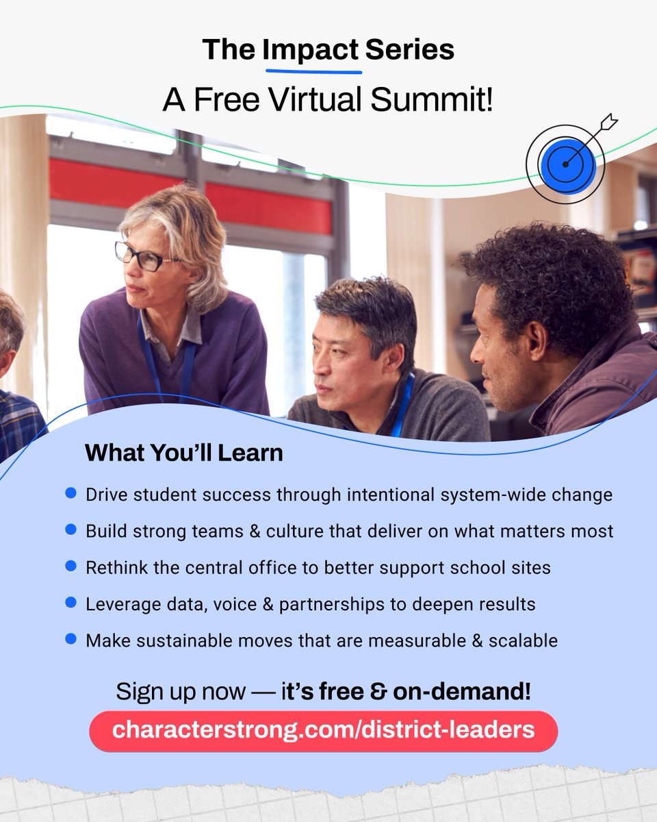 CharacterStrong's tweet image. What does bold, effective leadership look like in 2025? Find out at The Impact Series—a free virtual summit launching July 30.
Hear how district leaders are transforming systems &amp;amp; accelerating student success.

Register now: hubs.la/Q03xnThF0
#DistrictLeaders #Virtualsummit