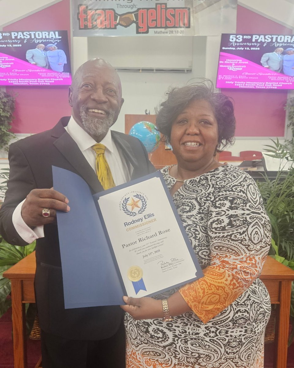 Congratulations to Pastor Richard J. Rose on 53 years of dedicated service at Holy Trinity Missionary Baptist Church, a pillar in the Hiram Clarke community.
