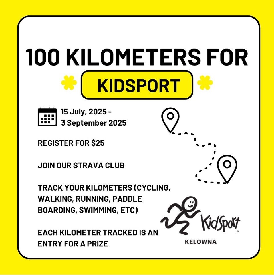 Challenge Alert! 100 Kilometers for KidSport Kelowna
📅July 15 - Sept 3
🎯Goal: Log 100 km in 50 days

💛Every km logged = 1 prize entry
🏆Grand prize + smaller draws up for grabs
📲Join the Strava Club to track your km (get the link when you register)

secure.kidsportbc.org/p2p/event/100k…