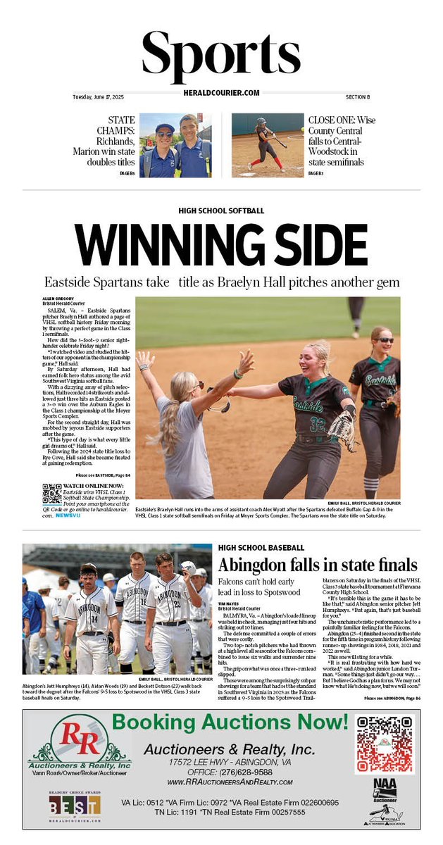 It's been a month and one day since the Eastside Spartans won the #VHSL Class 1 state softball championship:

State Finals: Eastside 3, Auburn 0
heraldcourier.com/sports/article…

heraldcourier.com/sports/article…