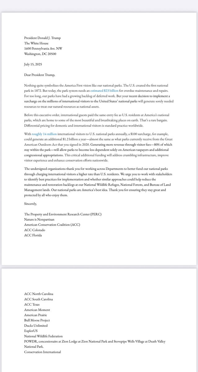 Christopher Barnard (@chrisbarnarddl) on Twitter photo 🚨 A coalition of organizations, incl. some of the largest conservation groups in the US, applauds Pres. Trump for his recent EO to increase international visitor fees to National Parks.
We sent this letter to <a href="/POTUS/">President Donald J. Trump</a> today to thank him. This is common-sense conservation policy. 🚨 A coalition of organizations, incl. some of the largest conservation groups in the US, applauds Pres. Trump for his recent EO to increase international visitor fees to National Parks.
We sent this letter to <a href="/POTUS/">President Donald J. Trump</a> today to thank him. This is common-sense conservation policy.