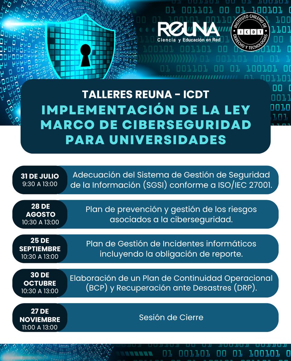 Red_REUNA's tweet image. Tu institución es miembro de REUNA o está adscrita a CSIRT.REUNA? Entonces no te pierdas el ciclo de talleres sobre la implementación de la Ley Marco de #Ciberseguridad 🛡️
📍Más información en reuna.cl/2025/07/ley-ma…