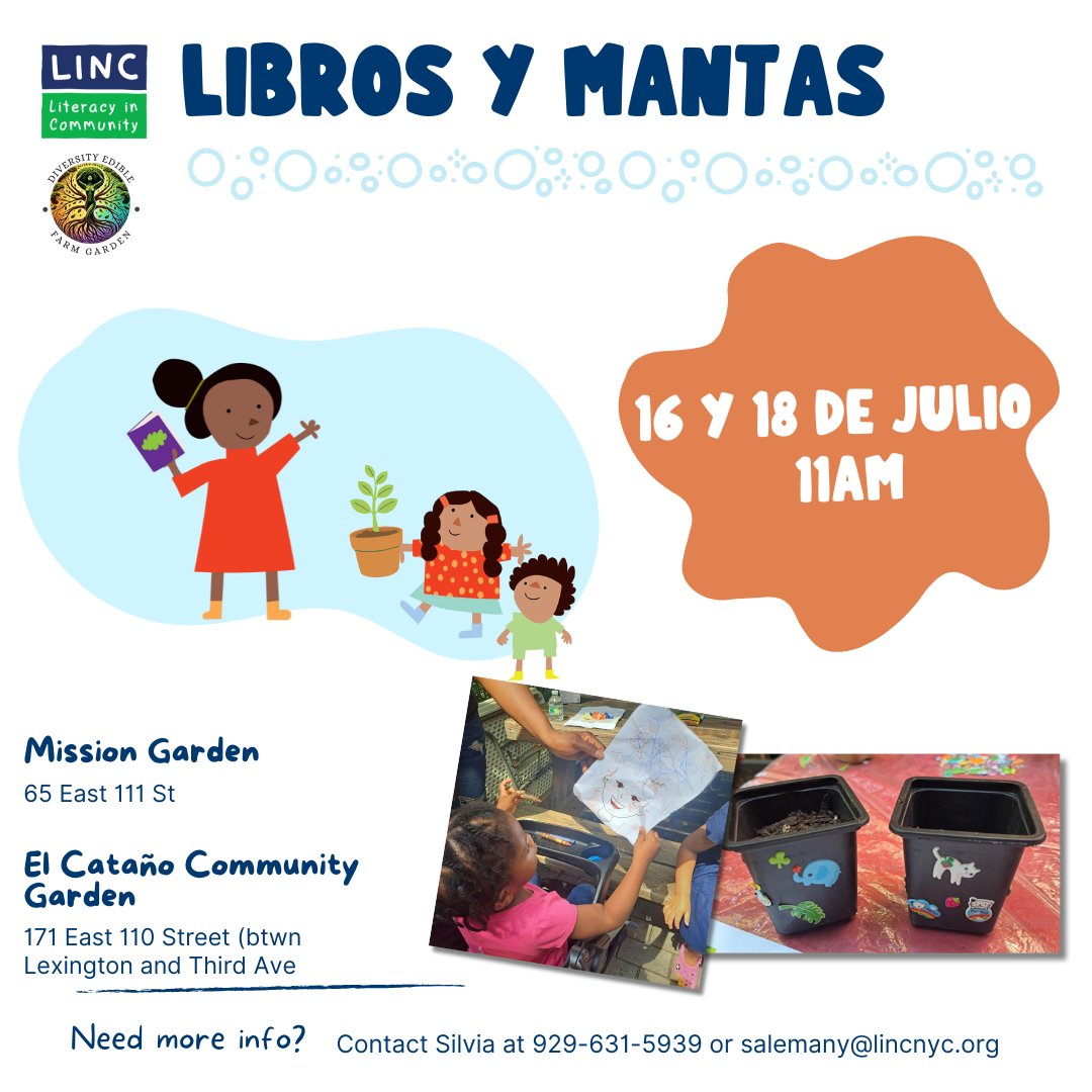 linc_nyc's tweet image. 🌱📚 Join us this week East Harlem families for our next "Books & Blankets" program series—right in your neighborhood gardens!
📅July 16: Mission Garden with @NYCGreenThumb
📅July 18: El Cataño Garden with @NYRP
🕚11 am–12 pm
📋FREE RSVP: tinyurl.com/eh25summer