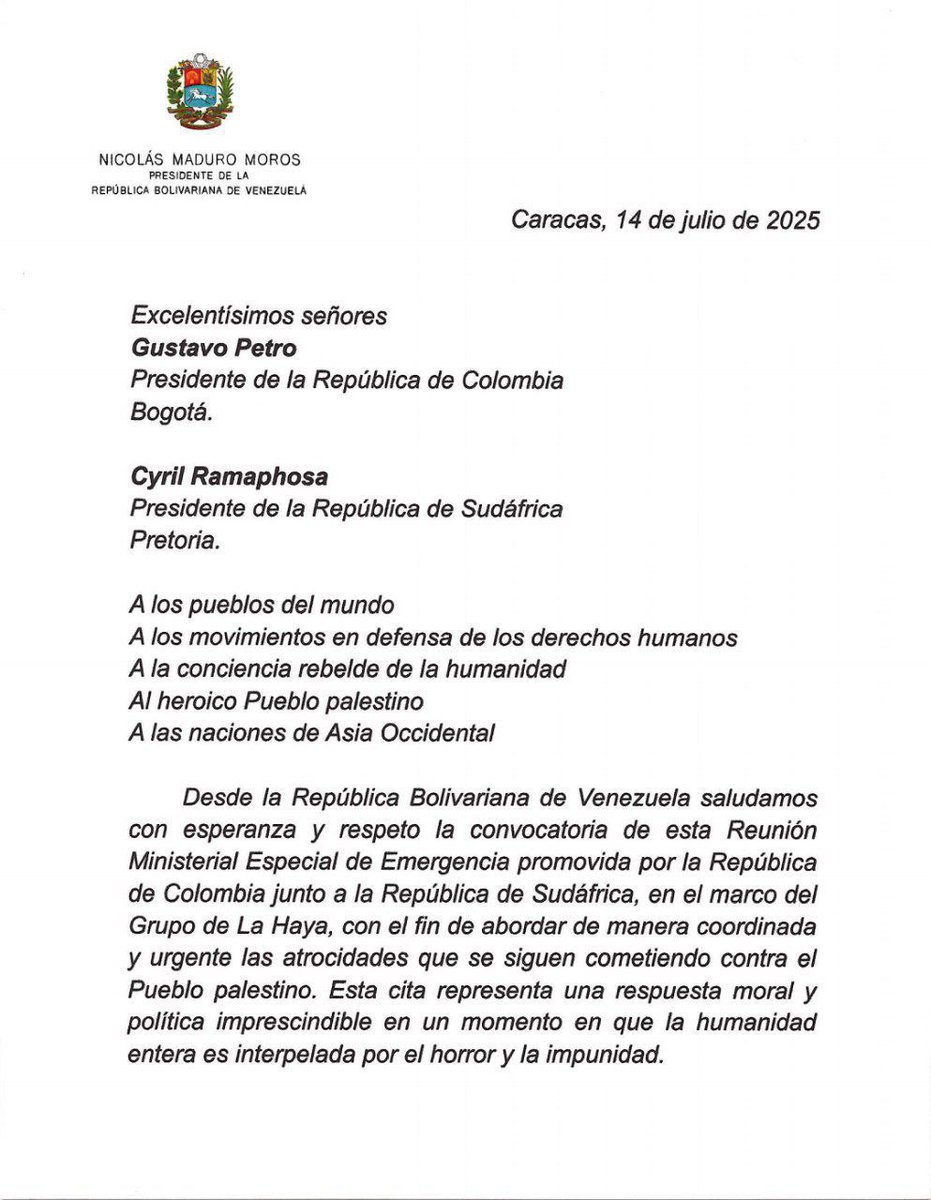 MisionVenOPAQ's tweet image. Saludamos con esperanza y respeto esta Reunión Ministerial Especial de Emergencia promovida por Colombia junto a Sudáfrica, en el marco del Grupo de La Haya, para abordar de manera coordinada y urgente, las atrocidades que se siguen cometiendo contra el Pueblo Palestino.