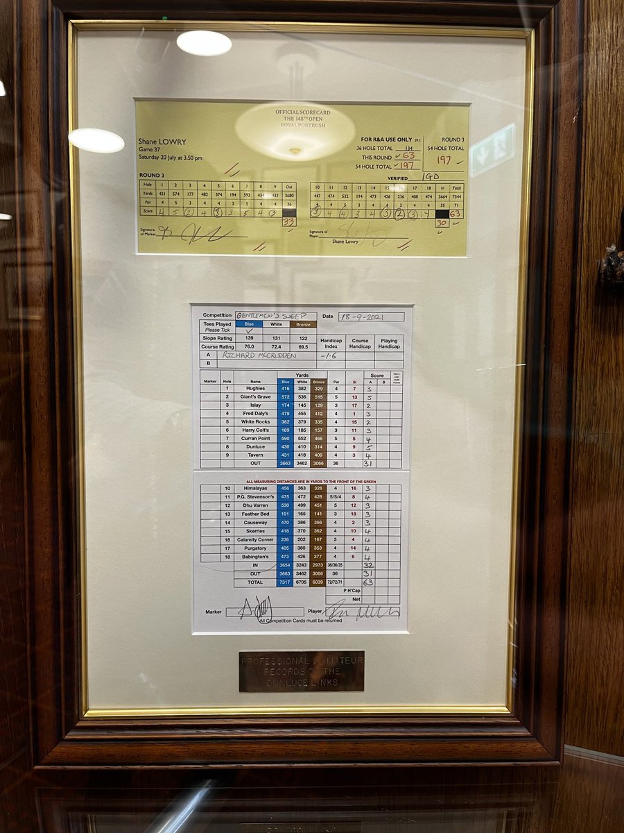 roomccrudden's tweet photo. @jamierkennedy Those are the cards of the current course records. One is for the full par 72 Dunluce layout at full length, one is for the par 71 Open layout. They are in the hallway of the clubhouse. https://t.co/23tgph3B6k