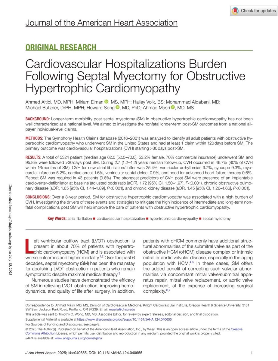 MasriAhmadMD's tweet image. CVH post myectomy. Over a 3 year follow up. Significant burden overall for this unselected population from wide range of practices. Events significantly decrease after the first 1.5 years.
AF is a major issue
Great work by @Teebi_MD
ahajournals.org/doi/10.1161/JA…
#CardioTwitter