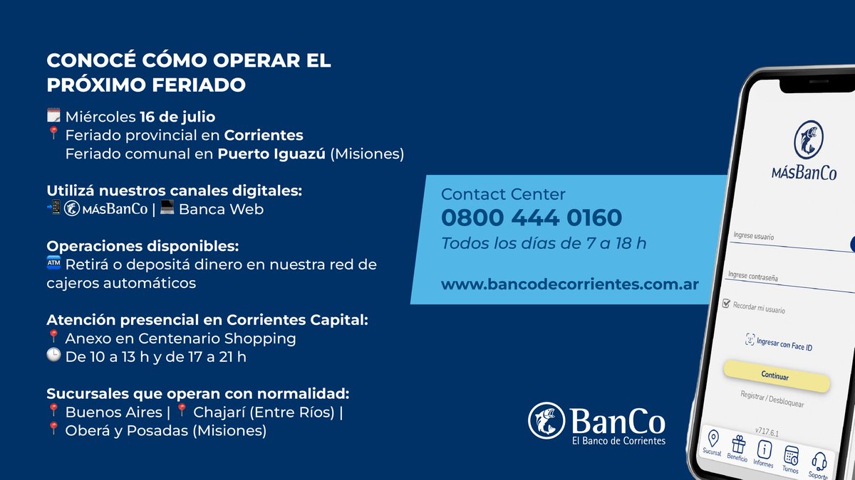 BancodeCtes's tweet image. Te recordamos que mañana es feriado en Corrientes y en Puerto Iguazú ‼️ Si necesitás hacer gestiones bancarias, no te olvides que podés operar desde cualquier lugar con nuestros canales digitales 🤳💻

Y si estás en Corrientes Capital, también contás con atención extendida en el…