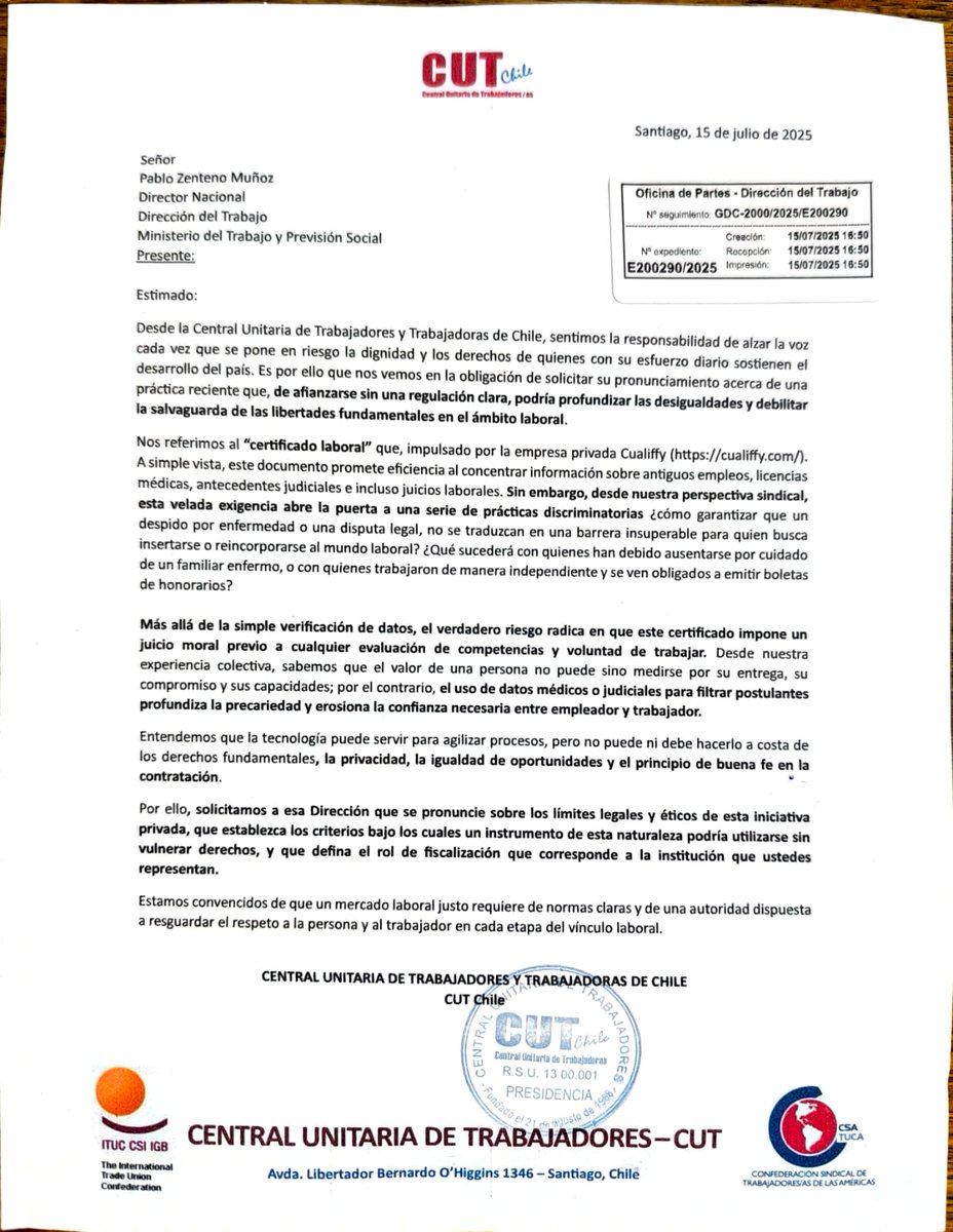 Desde la CUT Chile alzamos la voz para defender la dignidad y los derechos laborales frente al “certificado laboral” de Cualiffy, que podría instaurar barreras y prácticas discriminatorias en los procesos de contratación. 
Solicitamos un pronunciamiento a la Dirección del