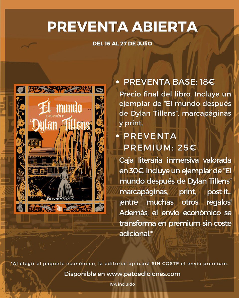 PREVENTA ABIERTA 

Desde el 16 al 27 de julio, hazte antes que nadie «El mundo después de Dylan Tillens» en preventa. 

patoediciones.com/producto/el-mu…