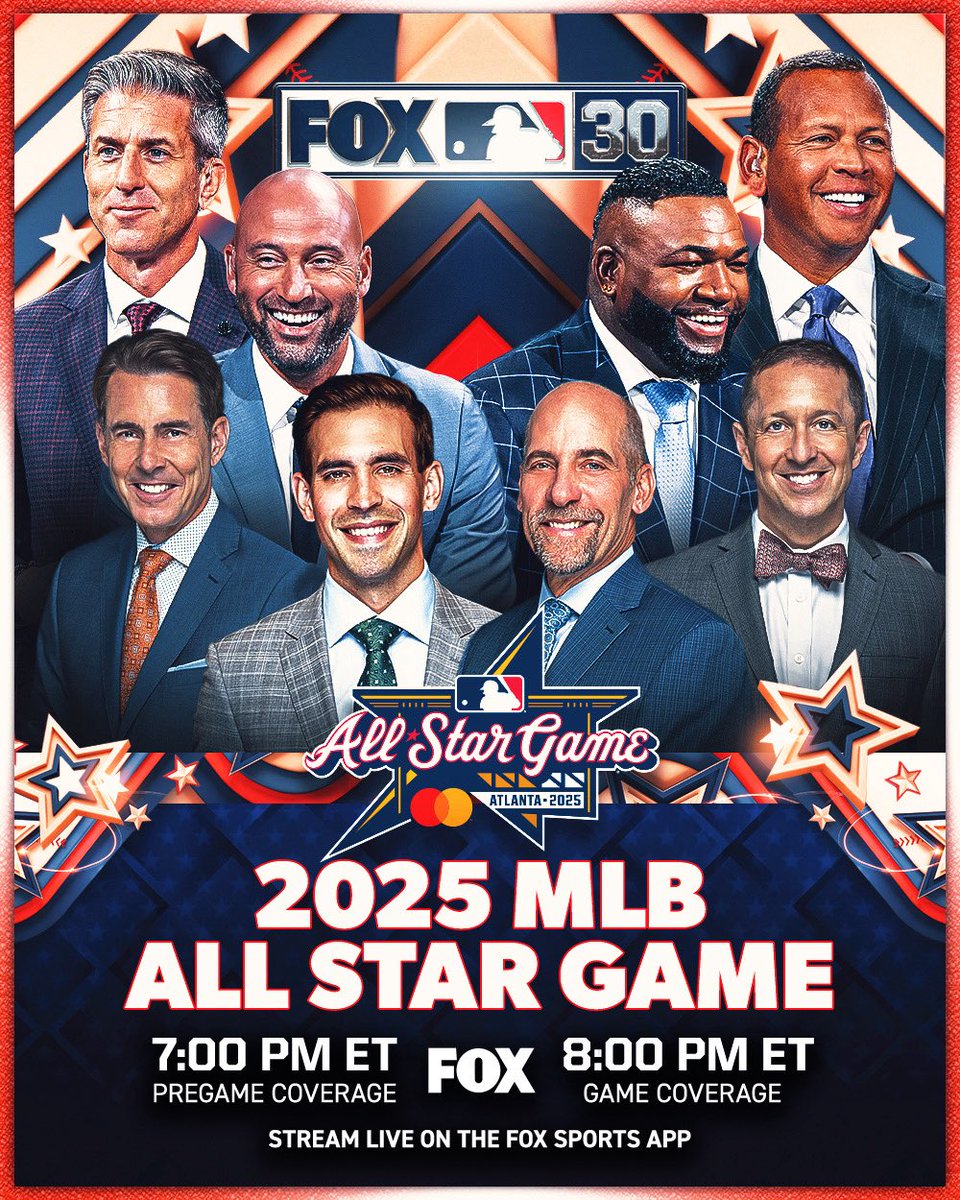 FOX Sports PR (@foxsportspr) on Twitter photo Welcome to the ATL 🤩
<a href="/MLBONFOX/">FOX Sports: MLB</a> coverage of the 95th MLB All-Star Game presented by Mastercard begins tonight at 7 PM ET on FOX & the FOX Sports app.
🎙️ <a href="/kevinburkhardt/">Kevin Burkhardt</a>, <a href="/AROD/">Alex Rodriguez</a>, <a href="/davidortiz/">David Ortiz</a> & <a href="/derekjeter/">Derek Jeter</a>
⚾️ Joe Davis, John Smoltz, <a href="/Ken_Rosenthal/">Ken Rosenthal</a> & Tom Verducci Welcome to the ATL 🤩
<a href="/MLBONFOX/">FOX Sports: MLB</a> coverage of the 95th MLB All-Star Game presented by Mastercard begins tonight at 7 PM ET on FOX & the FOX Sports app.
🎙️ <a href="/kevinburkhardt/">Kevin Burkhardt</a>, <a href="/AROD/">Alex Rodriguez</a>, <a href="/davidortiz/">David Ortiz</a> & <a href="/derekjeter/">Derek Jeter</a>
⚾️ Joe Davis, John Smoltz, <a href="/Ken_Rosenthal/">Ken Rosenthal</a> & Tom Verducci
