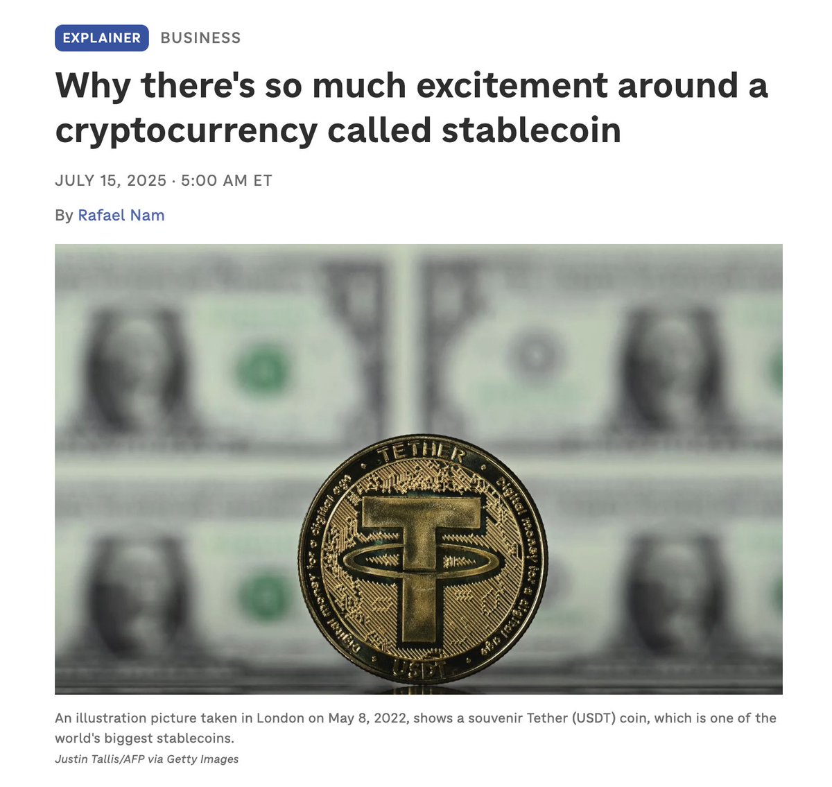 Curious who signed off on this headline and why?

As an "explainer"...OK-ish?

But the correction ("an earlier version of the story incorrectly said Circle was the biggest stablecoin issuer while Tether was the second biggest") doesn't inspire confidence.

It's fairly trivial to