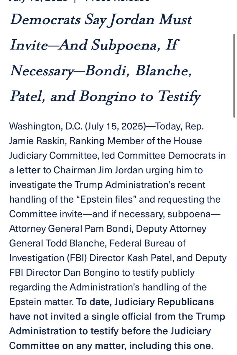 House Democrats ask Judiciary Committee to call Atty General Bondi, FBI Director Patel and others to testify about Epstein probe 

“Subpoena, if necessary”