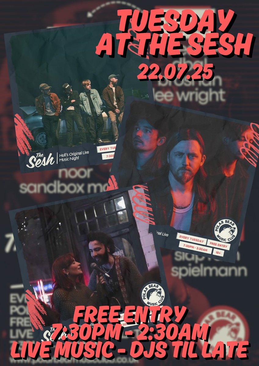 COMING UP AT THE SESH!✨
Live Music Every Tuesday here at Polar Bear, #Hull

➳ free entry / 18+
➳ 7:30pm - 2:30am
➳ live music - food - djs til late

With: <a href="/thisishealerUK/">HEALER</a> + #RiverWolf #LunasMoon // + afterparty djs til 2:30am

bit.ly/TUESDAYSESH