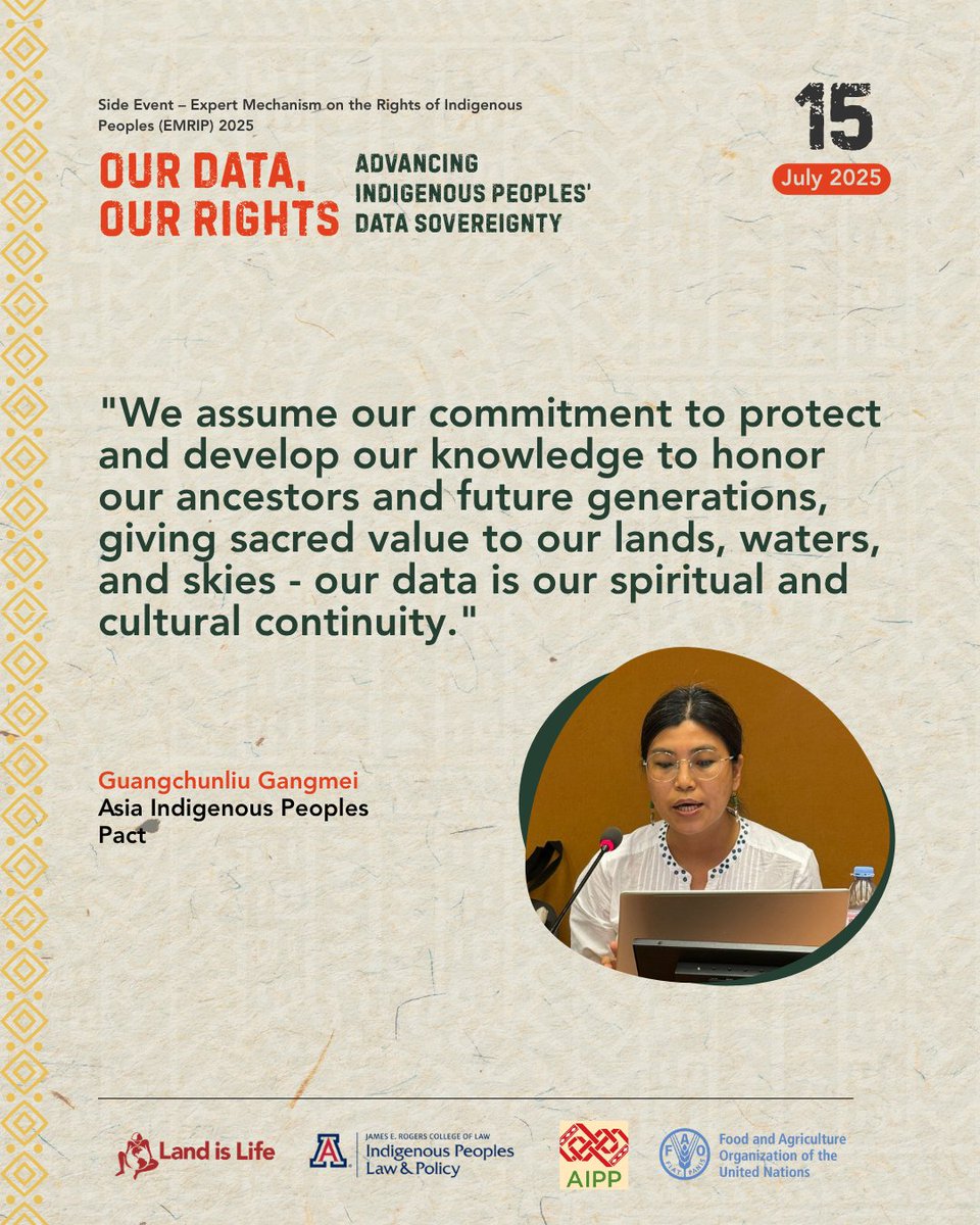 At our #EMRIP side event: Our Data, Our Rights. Advancing Indigenous Peoples' data sovereignity, speakers stressed: data must reflect Indigenous realities, be collected with #FPIC, and governed by Indigenous Peoples. Data is power—and it must serve justice, not erase it.” 
<a href="/iplp/">UA IPLP Program</a>