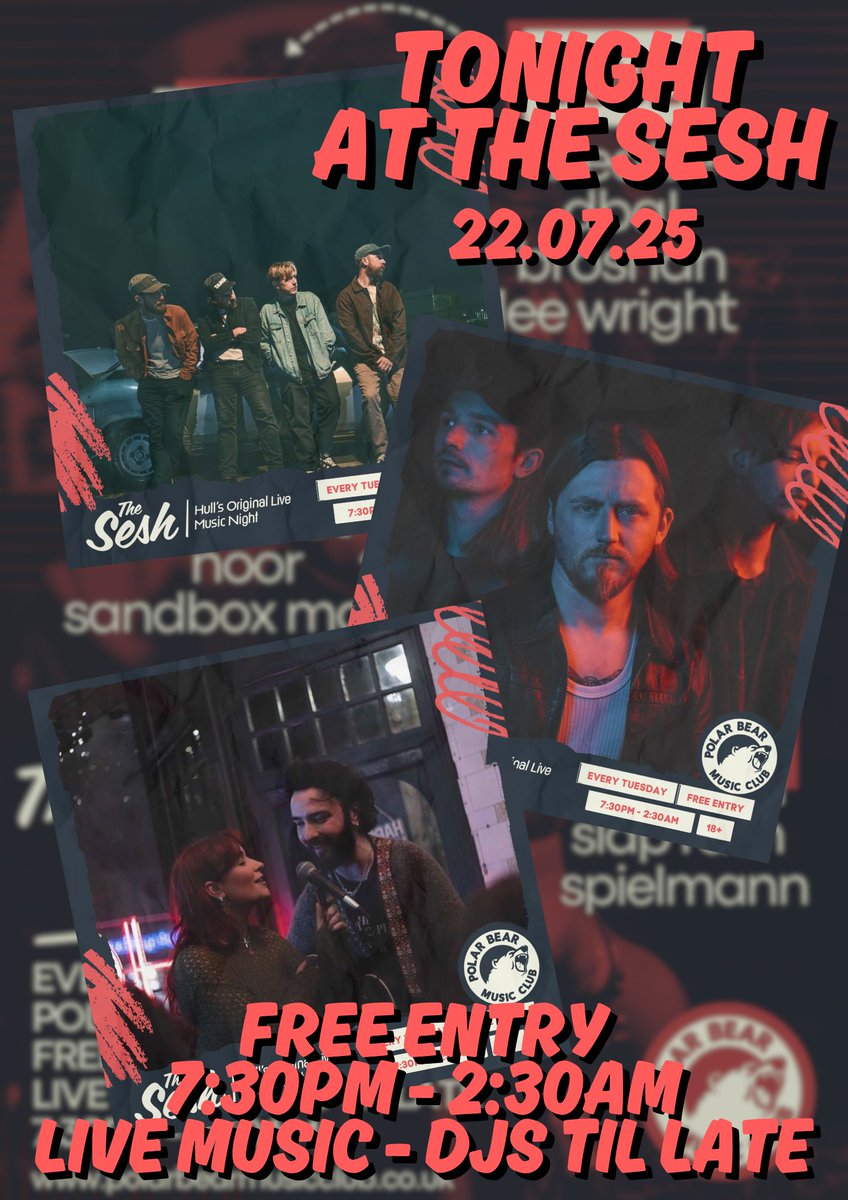 T O N I G H T✨
The Sesh // Live Music Every Tuesday here at Polar Bear, #Hull

➳ free entry / 18+
➳ 7:30pm - 2:30am
➳ live music - food - djs til late

With: <a href="/thisishealerUK/">HEALER</a> + #RiverWolf #LunasMoon // + afterparty djs til 2:30am

bit.ly/TUESDAYSESH