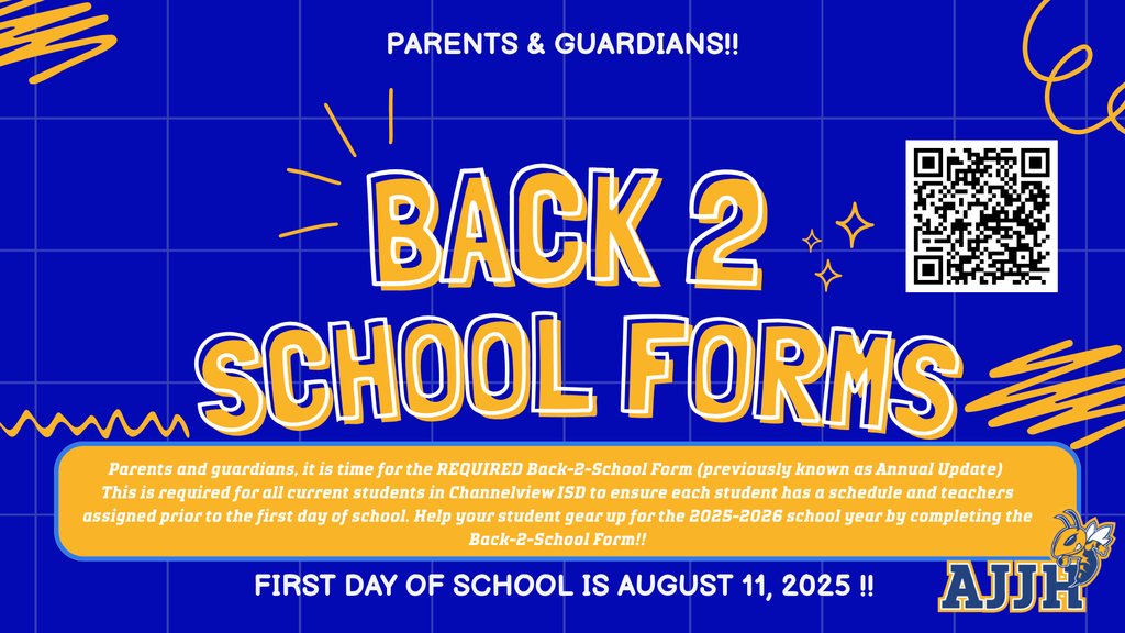 AliceJohnsonJrH's tweet image. Parents and families, it is time for the REQUIRED Back-2-School Form (previously known as Annual Update)
This is required for all current students in Channelview ISD to ensure each student has a schedule! * Scan QR code for link