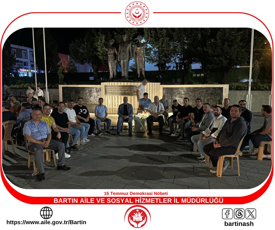Bartın Aile ve Sosyal Hizmetler İl Müdürlüğü (@bartinnash) on Twitter photo 🇹🇷 Demokrasi Nöbetindeyiz
Cumhuriyet Meydanı’nda düzenlenen programın ardından,İl Müdürümüz Yavuz Korkmaz,İl Müdür Yardımcılarımız Hasan Turgal ve Yasin Sırakaya,kuruluş müdürlerimiz ve çalışma arkadaşlarımızla birlikte demokrasi nöbeti tuttuk.
<a href="/tcailesosyal/">T.C. Aile ve Sosyal Hizmetler Bakanlığı</a>
#ZaferinAdıTürkiye 🇹🇷 Demokrasi Nöbetindeyiz
Cumhuriyet Meydanı’nda düzenlenen programın ardından,İl Müdürümüz Yavuz Korkmaz,İl Müdür Yardımcılarımız Hasan Turgal ve Yasin Sırakaya,kuruluş müdürlerimiz ve çalışma arkadaşlarımızla birlikte demokrasi nöbeti tuttuk.
<a href="/tcailesosyal/">T.C. Aile ve Sosyal Hizmetler Bakanlığı</a>
#ZaferinAdıTürkiye