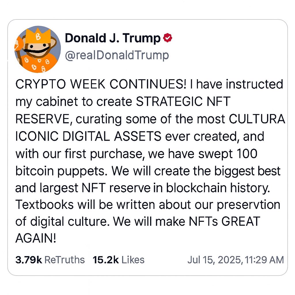 atari_god's tweet image. BREAKING: PRESIDENT TRUMP CHANGES PFP &amp;amp; SWEEPS 100 BITCOIN PUPPETS FOR FIRST STRATEGIC NFT RESERVE PURCHASE